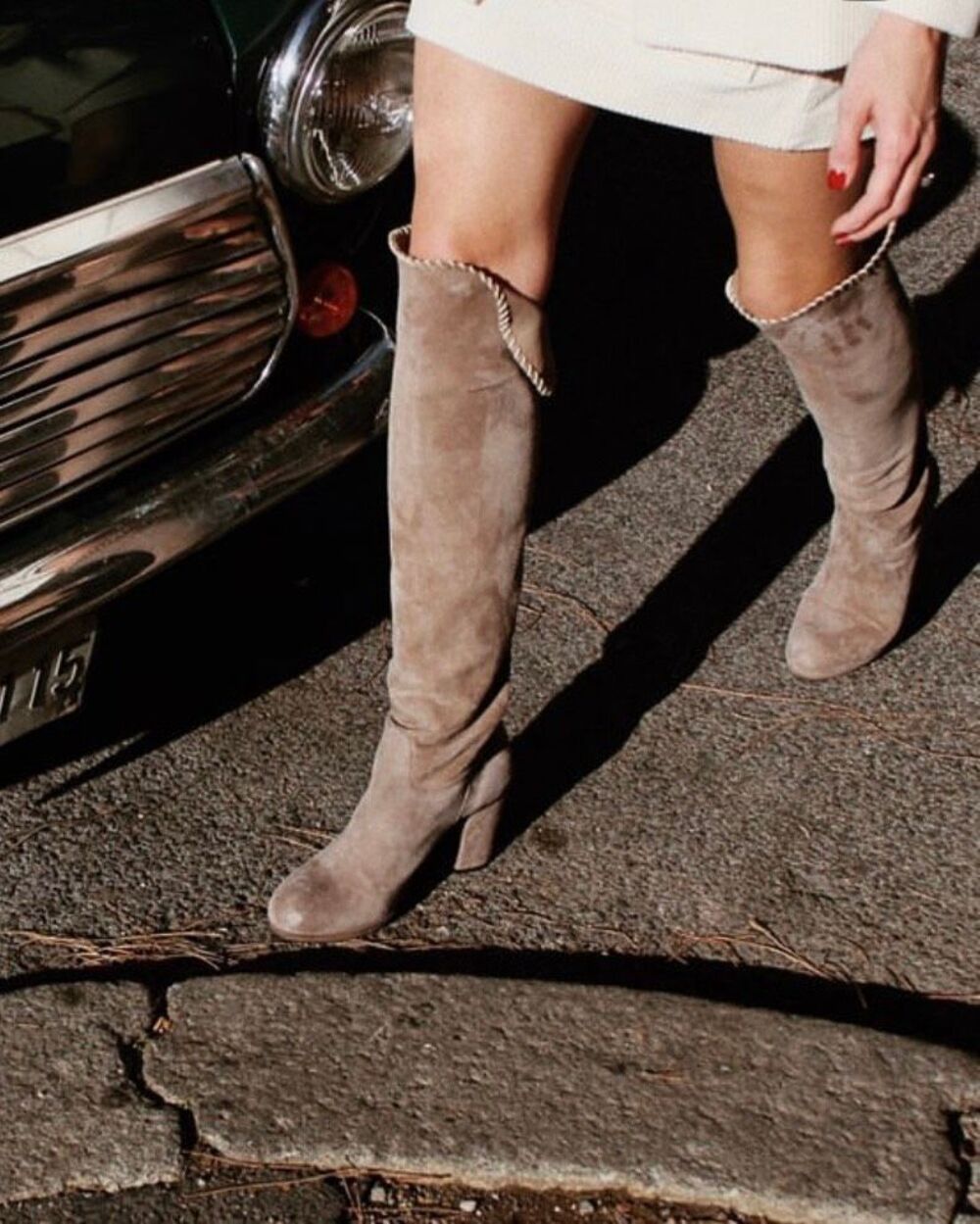 Michele Negri Women’s Tan Smoke Suede Leather Over the Knee Whipstitch Trim Heel